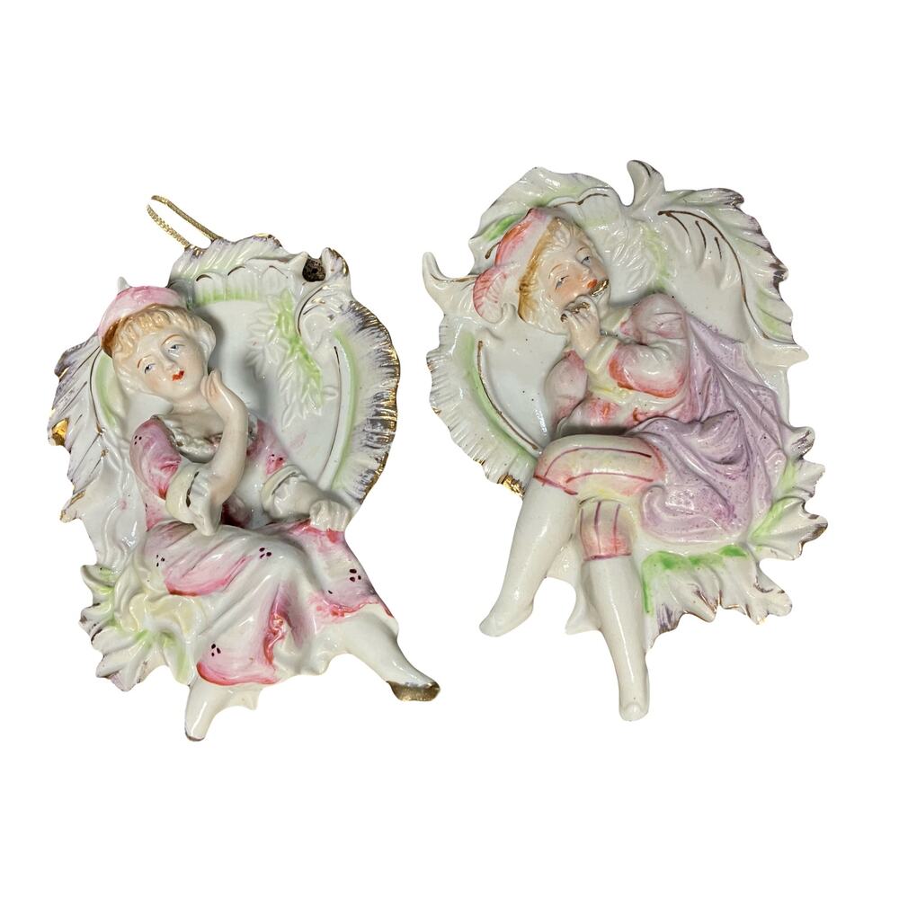 Majolica Wall Hangings Bisque Hand Painted 6” Japan VTG 50s-60s Couple Plaques